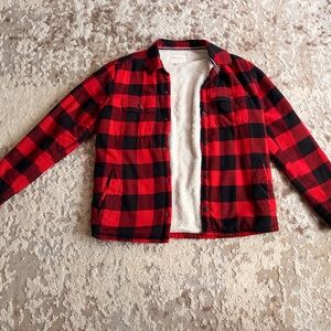 Sun + Stone Red and Black Plaid Shirt Jacket